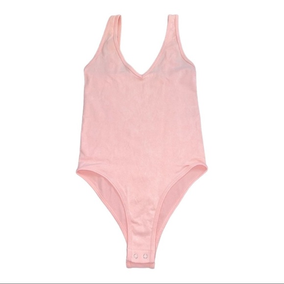 NEW Free People Seamless Bodysuit Washed Pink V Neckline Gusset Snap Sleeveless - Picture 5 of 10